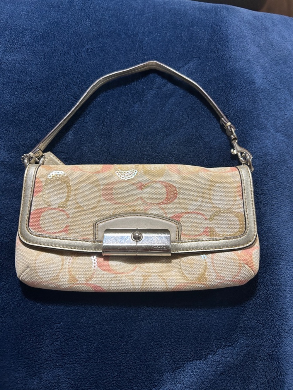 Coach Canvas Shoulder Bag in Beige and Pink with Silver Trim
